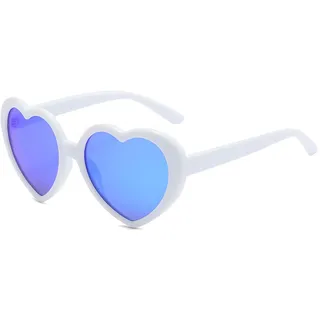 RUNHUIS Mode Polarisiert Herz Sonnenbrille Damen Herren Niedlich Herz-Form Vintage Retro Fee Schattierungen für Party Weiß/Blau Gespiegelt - Einheitsgröße
