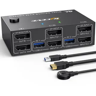 8K@30Hz 4K@144Hz KVM Switch 2 PC 2 Monitore, Displayport Dual Monitore KVM Switch mit 4 USB3.0-Geräten, DP+USB-Kabel und drahtloser Fernbedienung enthalten
