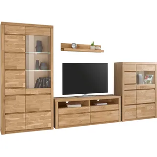 OTTO home Wohnwand OTTO HOME "Silkeborg: 4-teilig, Breite: 320cm, Griffmulden, Fronten Massivholz", braun (eiche teilmassiv), Holzwerkstoff eichefarben (Korpus) / Massivholz Eiche (Front), Holz teilmassiv, Kastenmöbel-Sets, Wohnwand, Set besteht aus 1 Vitrine, 1 