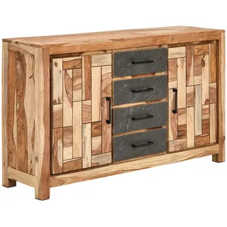 Livetastic Sideboard Tunis, Grau, Natur, Metall, Sheesham, massiv, Holz, 2 Fächer, 4 Schubladen, 145x85x40 cm, handgemacht, Schlafzimmer, Schlafzimmer Kommoden