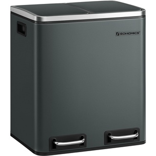 SONGMICS Mülleimer Küche, 2 x 15 Liter, Mülltrennsystem 2 Fächer, Abfalleimer, Treteimer, für gelben Sack, Biomüll, Inneneimer, Softclose-Deckel, für kleine Familie, Stahl, anthrazit LTB30GS