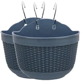 Blumentopf, Wandmontage, Pflanzkorb für drinnen und draußen, mit S-Haken, Rattan-Imitat, halbrund, Blumenhalter, Aufhänger für Balkon, Zaun, Fenster, Rankgitter (groß, blau), 2 Stück