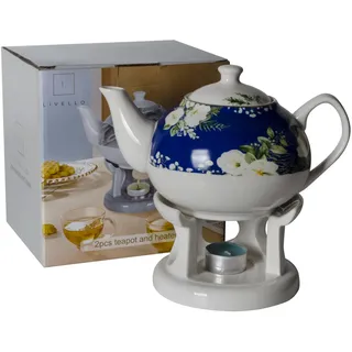 Livello Porzellan Teekanne mit Stövchen 1000 ml eleganter Teebereiter für heiße Getränke langlebig und leicht zu reinigen stilvolles Design für Kaffee und Tee Blumen Blau