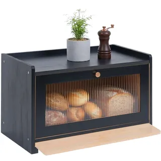 Relaxdays Brotkasten, Bambus, Schneidebrett, Ablage, Luftlöcher, Sichtfenster, HxBxT: 26 x 40 x 25 cm, Brotbox, schwarz