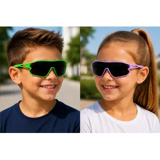 Vaccari-design Sonnenbrille Kinder Radbrille 7 bis 13 Jahre Jungen Mädchen Sportbrille UV400 Markenbrille Grün oder Lila mit Brillenbeutel grün