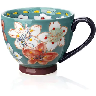 Awanber Keramik Groß Tasse, Kaffeetasse mit Blume Handbemalt 450ml Tee Becher–Beste Geburtstags für Frauen, Mädchen, Freund –Muttertagsgeschenk für Mutter, Oma, Ehefrau, Tochter – Seeblau