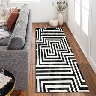 Siunwdiy Teppich Läufer Flur Küche rutschfest Waschbar Extra Langer flurläufer 60x200cm Teppichläufer Korridor Teppich Küchenläufer Lang Schwarz Weiß Gestreifter Küchenteppich Meterware Anpassbar