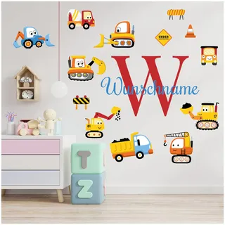 Wandsticker personalisiert Sticker Aquarell Tiere mit Name Wandtattoo für Kinderzimmer Babyzimmer Spielzimmer Mädchen Junge Y037 (Nr. 30 Bagger, Mit Wunschname)
