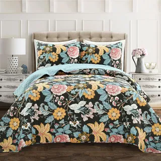 Lush Decor Sydney Wende-Bettwäsche-Set aus Baumwolle, 3-teilig, King-Size-Bett, Schwarz und Blau, Baumwoll-Bettwäsche-Set, Schwarze Blumen-Steppdecke, Landhaus-Dekor, King-Size-Bett