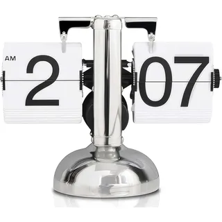 Tischuhr, Retro-Flip-Uhr, Flip-Schreibtischuhr, automatisch drehend, batteriebetriebene mechanische Uhr, Silber - Silber