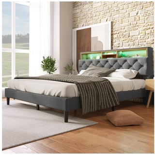 OKWISH Polsterbett Doppelbett Stauraum-Kopfteil Bett (140x200cm ohne-Matratze, 1-tlg), Mit aufladen USB und LED-Beleuchtung Bettgestell Lattenrost aus Holz grau