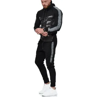 L.gonline Freizeitanzug Herren Jogging-ANZUG, mit Bündchen und Tunnelzug, Trainingsanzug (Kapuzenjacke mit Reißverschluss, Hose, 2-tlg), Fitness Freizeit Casual schwarz M
