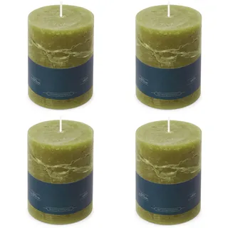 Stumpenkerzen Rustic 4er-Set - 8x11 cm - Brenndauer: 65 Std., rußfrei, 100% Paraffin - für Kerzenständer, Kerzenhalter, Weihnachten, Hochzeit, Blockkerze, Kerze, Adventskranz, Advent (olive grün)