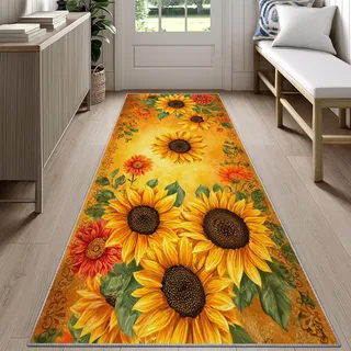 Rustic Cabin Sonnenblume Teppich Läufer 60x240cm, Boho-Blumenmuster in Gelb Teppichläufer, Rustikales Blumenmuster Teppichläufer, rutschfest Teppich für Wohnzimmer, Flur, Küche, Eingang, Esszimmer