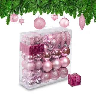 Relaxdays Weihnachtskugeln 110er Set, Kunststoff, Weihnachtsbaumdeko mit Kugeln & Lametta UVM., Christbaumschmuck, rosa