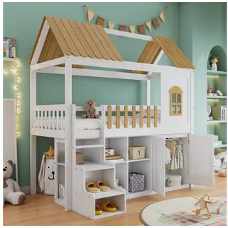 Merax Etagenbett mit Rausfallschutz Hochbett mit Kleiderschrank, Regal und Schuhschrank
