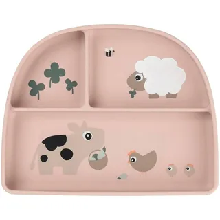 Done by Deer Kindergeschirr + Kinderbesteck Stick&Stay Menüteller Tiny Farm Pink/Rosa