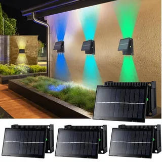 JZCDR Aussenleuchte mit Dämmerungssensor LED Solar 4 Stück Solar Wandlampe Wasserdicht RGB Solarlampe mit Schalter Außenwandleuchten Up and Down für Garten Garagen Balkon