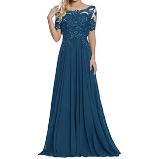 yhfshop Abendkleider Elegant,Schulter-Kurzarm-Partykleid mit Spitzenapplikationen-Tinte-Blaue Farbe_54,Ballkleid Brautjungfernkleider Festkleid