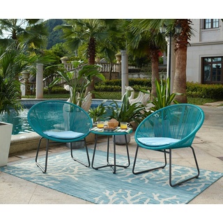 Möbilia Garten Sitzgruppe 5-tlg. aus Polyrattan | 2 Stühle inkl. Sitzkissen | Tisch B 51 x T 51 x H 50 cm | türkis-hellblau