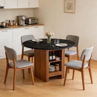 Moderner Runder Esstisch Mit Stauraumregal, Walnuss-holzmaserung & Metallrahmen, 100cm Durchmesser, 2-4 Personen, Ideal Für Küche, Esszimmer & Kleine Räume