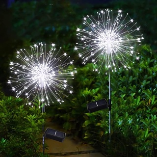 Joycome Gartendeko Solarleuchten für Außen, 2 Stück 120 LED Solarlichter Pusteblume, 8 Modi Solarstecker Gartenbeleuchtung Wetterfest Solarlampen Feuerwerk für Balkon Blumenkästen Deko - Weiß