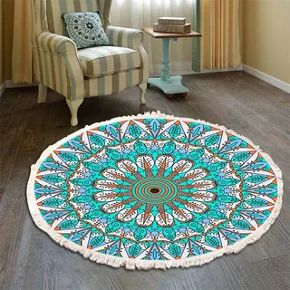 Teppich Rund Bohemian Blume Groß Teppich Mandala Muster Quasten Waschbarer Baumwolle Teppich Wohnzimmer Schlafzimmer (120cm,Blau-Rot)
