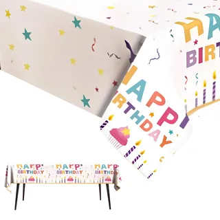 Tischdecke Geburtstag 137x183cm, Wasserdichte Abwischbare Tischdeko für Party Tischbelag, Festliche Tischdecke für Kindergeburtstag und Erwachsenenfeier, Passt für Küchentisch (Weiß-Rosa)