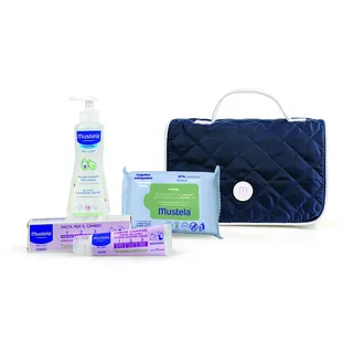 Mustela Vanity Set 2024, Tasche und Beutel mit Produkten für Bad, Körper, Haare, Windelwechsel, Babys und Kleinkinder - von Geburt an, Geschenkidee für Neugeborene (blau)