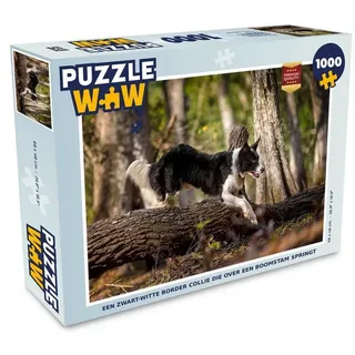 MuchoWow Puzzle Ein schwarz-weißer Border Collie springt über einen Baumstamm, 1000 Puzzleteile, Foto-Puzzle, Bilderrätsel, Puzzlespiele, Klassisch schwarz 48 cm x 68 cm x 2 cm