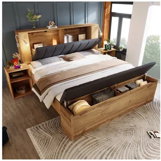 OKWISH Holzbett Bett 180x200 cm mit Stauraum und integrierten Leselampen (Doppelbett,Funktionsbett, 2-tlg., mit 2 beweglichen Nachttisch und Bettbank Aufbewahrung), mit klappbarem Kopfteil und 2 Schränken(mit Matratze) 270 cm x 250 cm x 105 cm