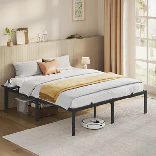 VASAGLE Bett 160 x 200 cm, mit Aufbewahrungsregalen, Doppelbett, Bettgestell aus Metall, Bettrahmen, Metallbett, einfache Montage, klassikschwarz RMB095B01