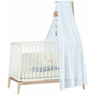 Luna Babybett 120cm weiß/Eiche OHNE MATRATZE + Himmelgestell Eiche + Himmel blue