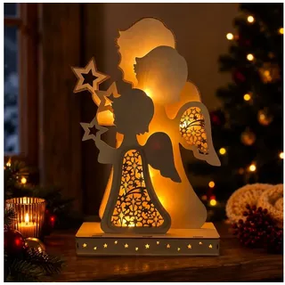 Online-Fuchs LED Dekofigur großer Engel aus Holz mit LED-Beleuchtung und Timer - Weihnachtsdeko, leichte 3D-Optik mit Hologrammfolie, 12 warmweiße LEDs, inklusive 6-Stunden Timerfunktion - 49 cm groß beige