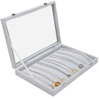 Belle Vous Schmuck Aufbewahrung mit 20 Haken & Abschließbaren Glasdeckel, Stapelbare Schmuckaufbewahrung Grau Samt Schmuckkästchen für Ketten, Armband Aufbewahrung & Schmuckaufbewahrung Ohrringe