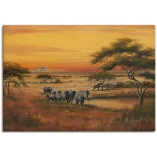 Wandbild ARTLAND "Afrika Elefanten" Bilder Gr. B/H: 100 cm x 70 cm, Leinwandbild Afrika, 1 St., orange Kunstdrucke