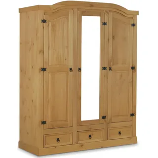 Kleiderschrank Holz – Mexico Kleiderschrank mit 3 Schubladen – B157xH193xT57cm – Massivholz Kiefer Natur – Garderobenschrank Mit Spiegel – Schwebetürenschrank – Schlafzimmerschrank – Flurschrank