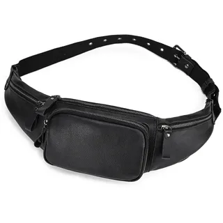Schlanke Gürteltasche aus echtem Leder für Damen und Herren, Vintage-Design, 4 Reißverschlusstaschen und verstellbarer Riemen, große Kapazität, Gürteltasche für Reisen oder Reiten, Schwarz, Vintage