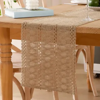 Jute Tischläufer Braun Makramee Natur Juteläufer Landhausstil 30 x 100 cm Häkelspitze Mesh Hochzeit Tischläufer Bauernhaus Vintage Tischdekoration für Hochzeit Küche Esstisch Kommunion