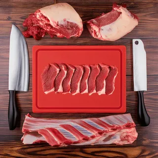 Muvell Schneidebrett Kunststoff HDPE500 | rot 35x25x2 cm | Schneidbrett | Gastro Profi HACCP rohes Fleisch Küchenbrett | 1 Seite mit Saftrinne |