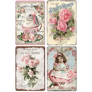 YOYI ART Blechschild im Vintage-Stil, Motiv: rosa Rosen, Blumen, französisches Landhaus, Shabby-Chic-Schilder, für Zimmer, Badezimmer, Küche, Garten, Hof, Wanddekoration, Kunst, Geschenke für Frauen