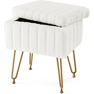 ZMH Sitzhocker Vintage Schminkhocker mit Kunstfell Stauraum moderner für Schlafzimmer, Vintage-Schminkhocker mit Plüschsitz & Metallgestell weiß