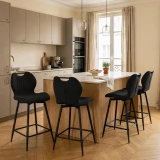 WAFTING Barhocker 360° drehbar Sitzhöhe 65 cm, 4er Set, Schwarz | Fußstütze und Rückenlehne, belastbar bis 130 kg, Tragegriff, für Kücheninsel, Küchenzeile und Essecke