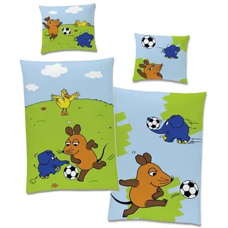 BERONAGE Kinderbettwäsche Die Sendung mit der Maus Fußball-Turnier Bettwäsche Linon / Renforcé, 100% Baumwolle, 2 teilig, 135x200 + 80x80 cm blau|bunt|grün