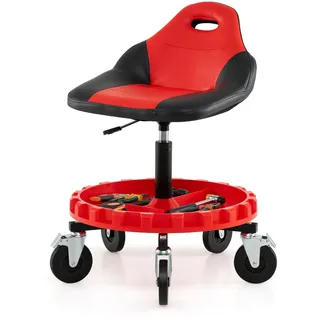 FANTASK Werkstatthocker Rollhocker, Montagehocker höhenverstellbar 71-83 cm mit Rückenlehne Werkzeugablage, Arbeitsstuhl 150 kg belastbar für Garage Werkstatt, Rot