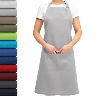 EllaTex Schürze Kochschürze Latzschürze 100% Baumwolle Unisex verstellbar mit Tasche Grillschürze Küche Gastronomie, Farbe: Silber - Silber