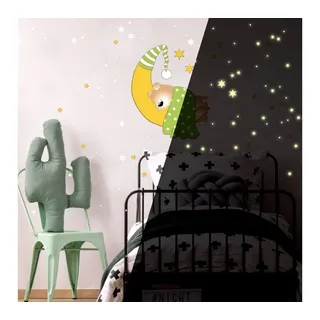 K&L Wall Art Wandtattoo Baby Teddy Bär Mond Leuchtsterne Grün 40x40cm selbstklebend, Kinderzimmer Leuchtbild grün