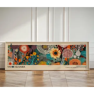 Japandi Yayoi Kusama Poster: Panorama-Wandbild, extra großer Kunstdruck auf Leinwand, Blumenbild für über Sofa oder Bett (50x150cm/Rahmenlos)