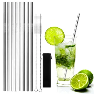 Edelstahl Strohhalme, Metall Trinkhalme, YOCZOX 8 Pcs Trinkrohr, wiederverwendbare Strohhalme, mit 2 Bürsten, Stoffbeutel, umweltfreundliches Party/Barzubehör für Smoothies, Cola etc. 30 OZ, Silber