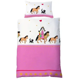 JACK Babybettwäsche 100x135cm Prinzessin Pferd Pink Weiß Fleuresse, Renforcé, 2 teilig, süßes Kindermotiv mit Märchenprinzessin rot
